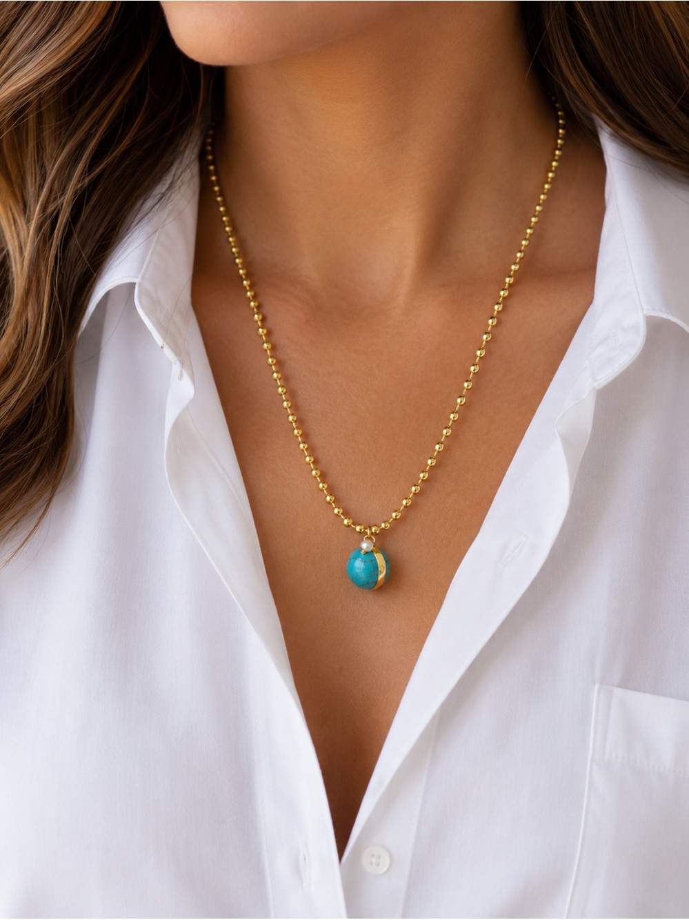 Gold Beaded Necklace with Turquoise Pendant
